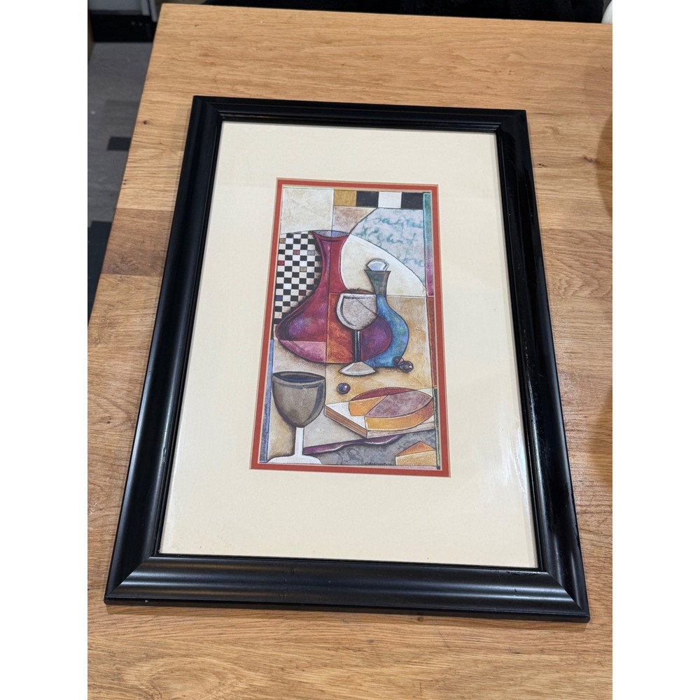 Vintage MCM J. Bonaventura Abstract Wine and Cheese Still Life Framed Art Print